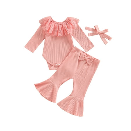 

Newborn Baby Girl Clothing Baby Rib Pleated Long-sleeved Jumpsuit Flared Pants Headband Set 3 Pcs Spring Fall Outfits