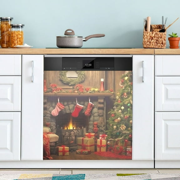 Christmas Tree Fireplace Dishwasher Magnet Cover Reuseable Refrigerator Magnet Cover Decal Fridge Microwave Stickers Hoilday Party Decor 23 x 26 Inch