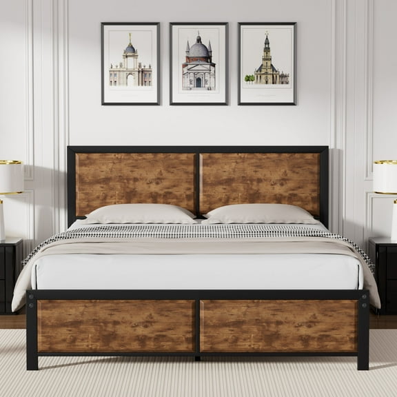 VECELO Queen Size Platform Bed Frame with Heavy Duty Wooden Headboard and Footboard, Industrial Style, Rustic Brown