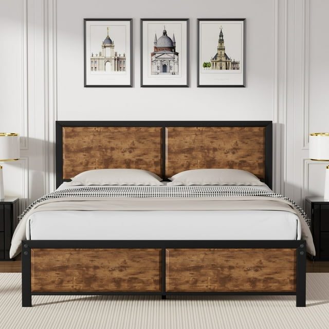 VECELO Queen Size Metal Platform Bed Frame with Wooden Headboard and Footboard, Strong Metal Slats Support/No Box Spring Needed, Brown