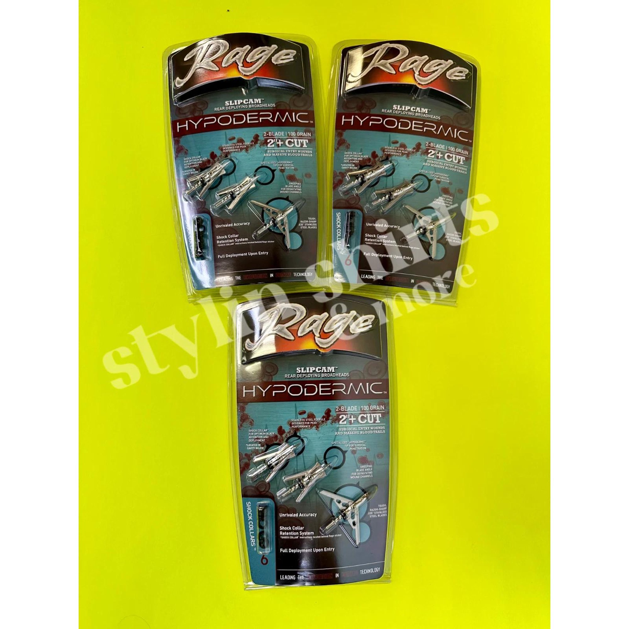 3 packs RAGE Slipcam HYPODERMIC 2 cut mechanical 2 blade broadheads 100 grain
