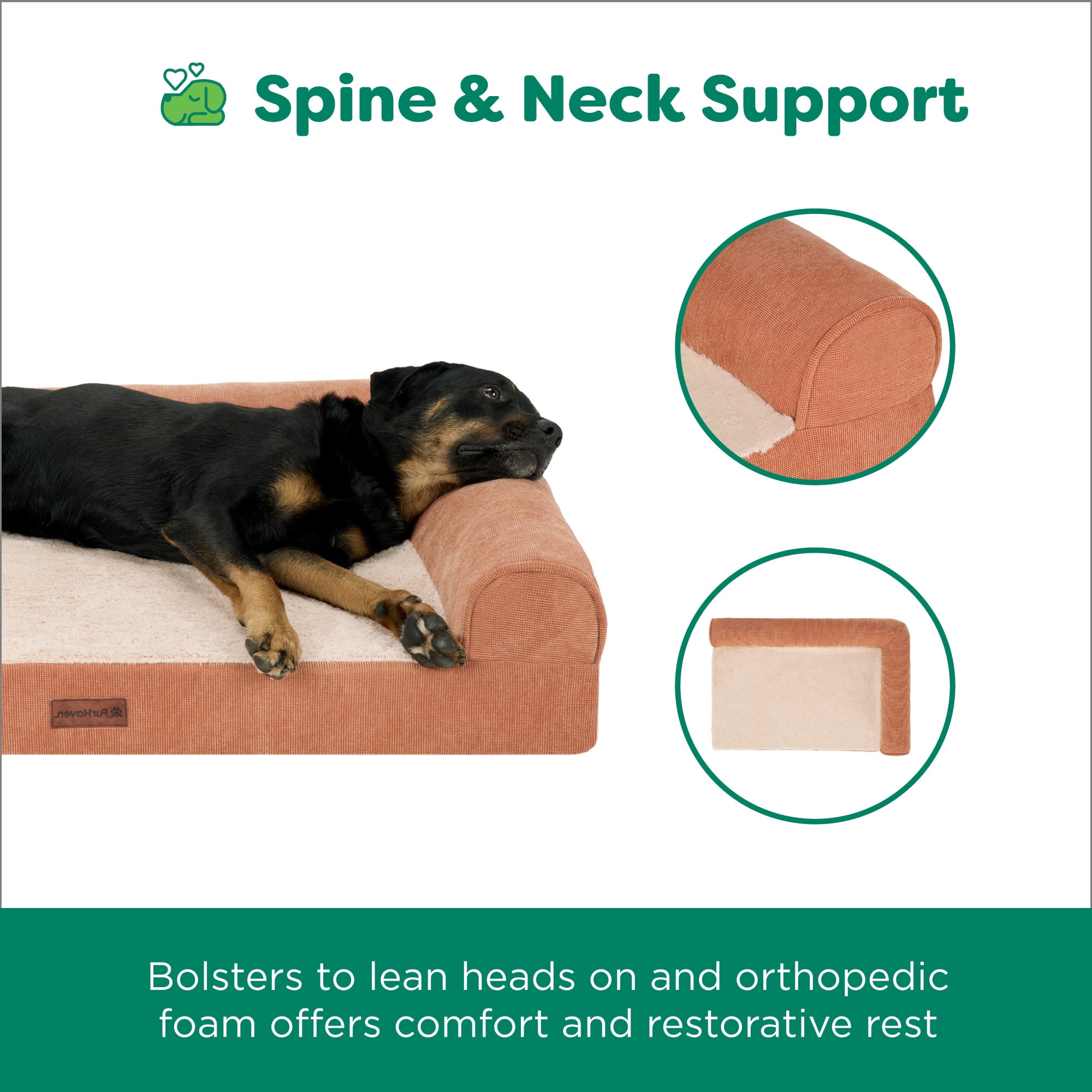 FurHaven Large (36"x27") Cooling Gel Dog Bed – Plush & Grid Cord L-Shaped Chaise Lounge Pet Bed, Removable Washable Cover, Copper