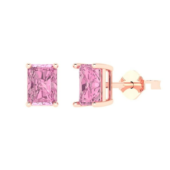 1 ct Push-Back Stud Earrings for Women | 6x4mm Emerald Cut Simulated Pink Diamond | 18K Rose Gold