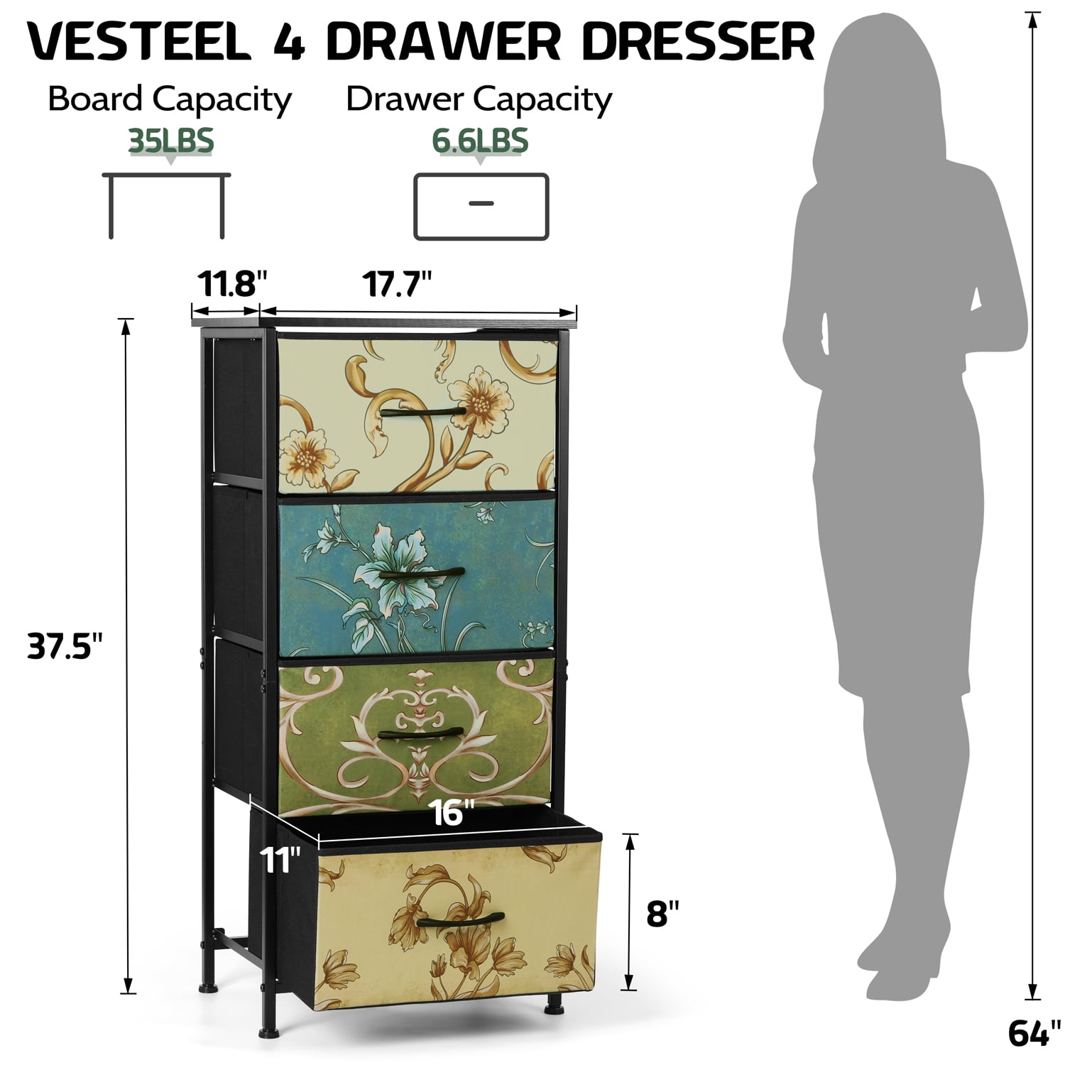 4 Drawers Dresser for Bedroom, Vesteel Fabric Chest of Drawers Tall Storage Tower with Wood Top and Sturdy Steel Frame, Storage Organizer Unit for Closet /Living Room /Hallway - Retro Floral