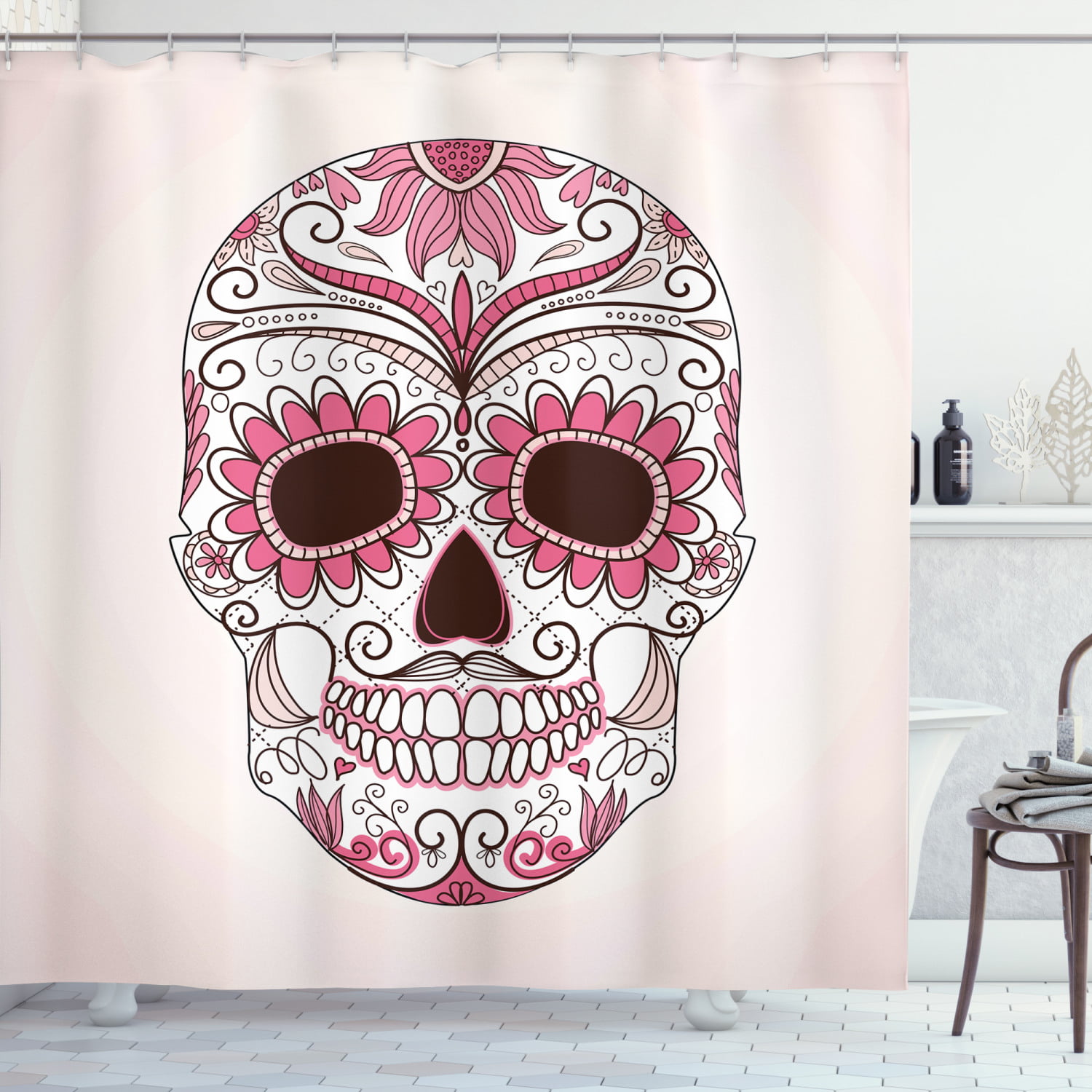 Black Pink Floral Sugar Skull Gothic Glam Boho Feminine Shower Curtain Nice