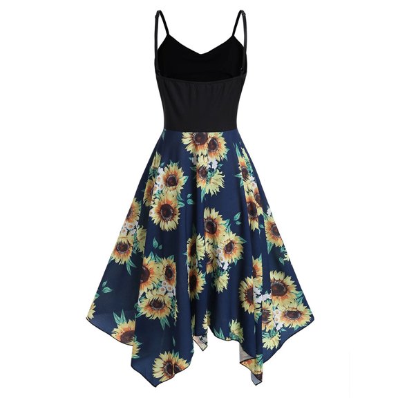 asdoklhq Womens Plus Size Clearance Dresses,Plus Size Womens Sunflower Print Asymmetric Camis Handkerchief Dress