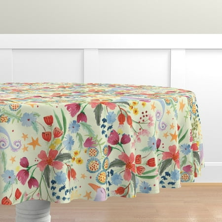 

Cotton Sateen Tablecloth 90 Round - Birds Stars Floral Watercolor Flowers Kids Spring Print Custom Table Linens by Spoonflower
