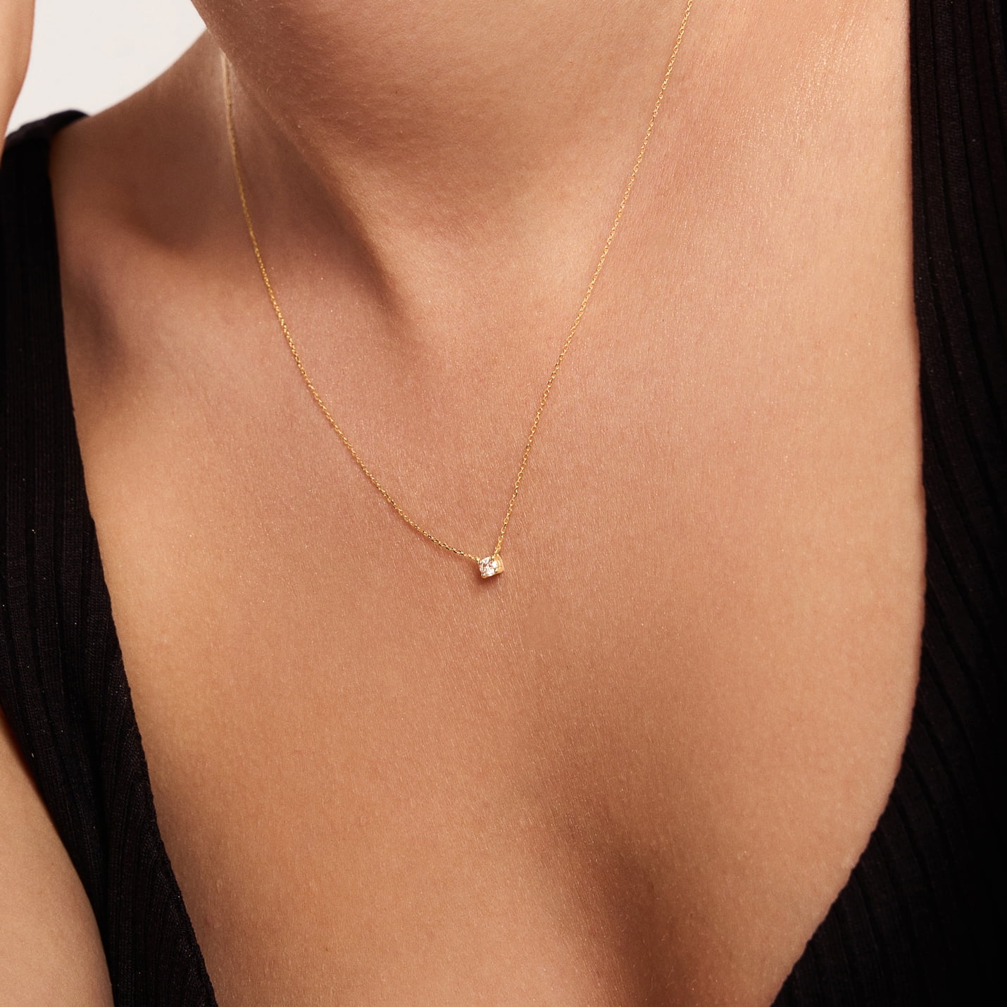 Gelin Diamond Square Solitaire Necklaces in 14K Solid Gold for Women