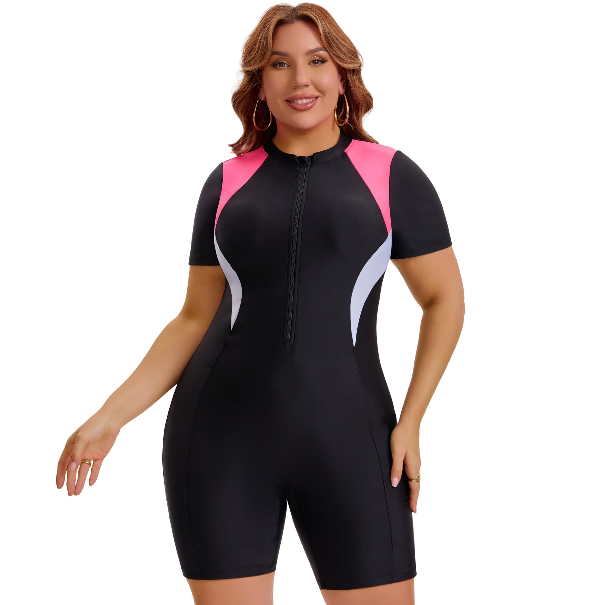 DARING DIVA Women's Plus 1pc Bathing Suit with Short Sleeves and Zipper 3X Pink