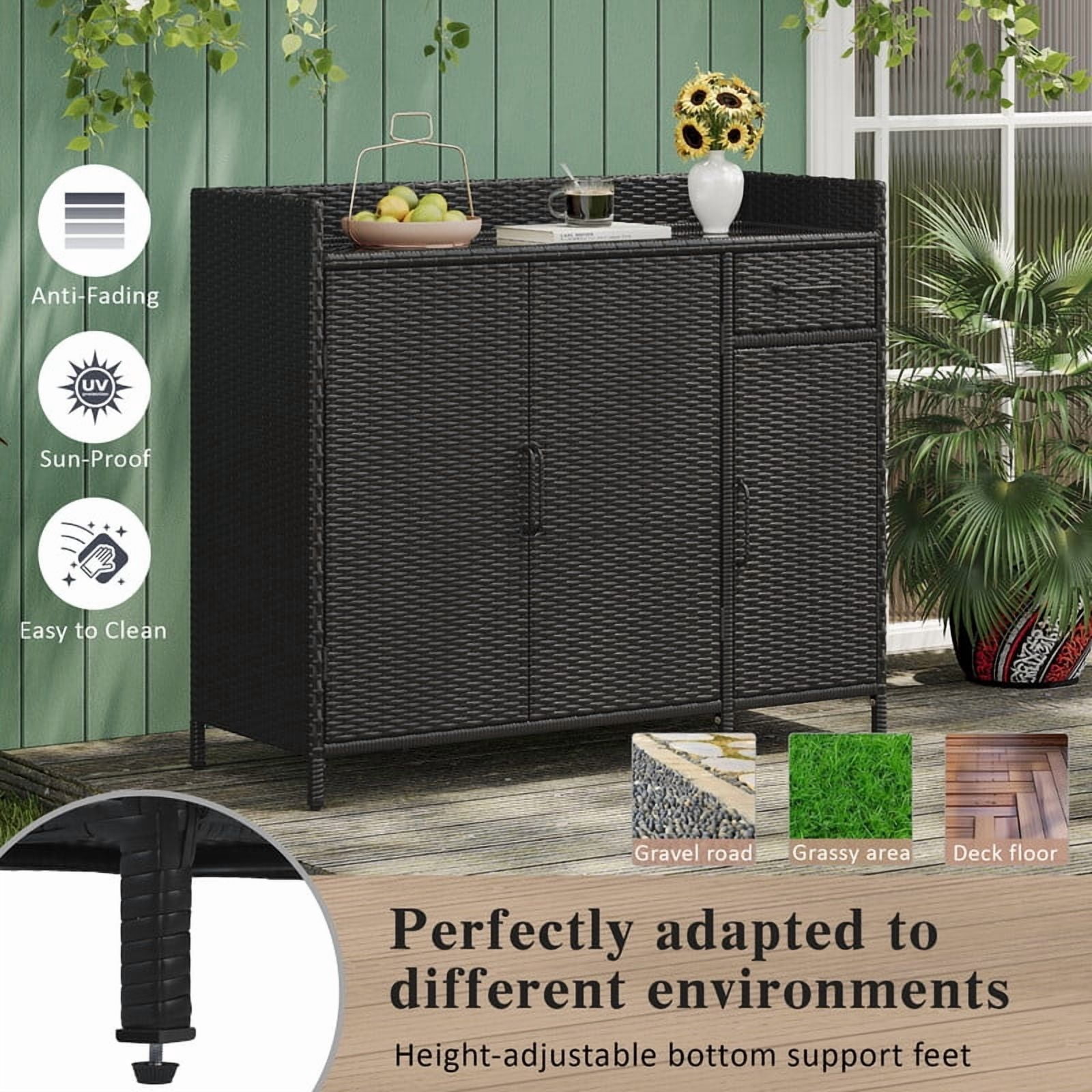 Wicker Outdoor Kitchen Island with Tempered Glass Desktop and Adjustable Shelf, Rattan Bar Table Storage Cabinet with 1 Drawer and 3 Doors