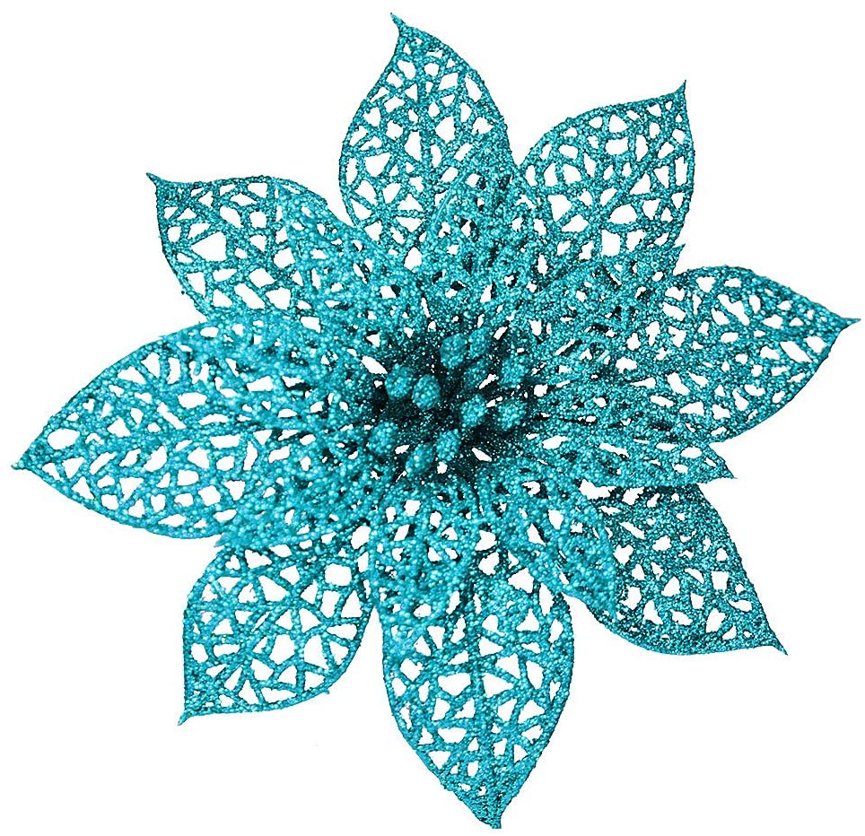 Pack of 10 Glitter Blue Poinsettia Christmas Tree Ornaments Crazy Night Blue 