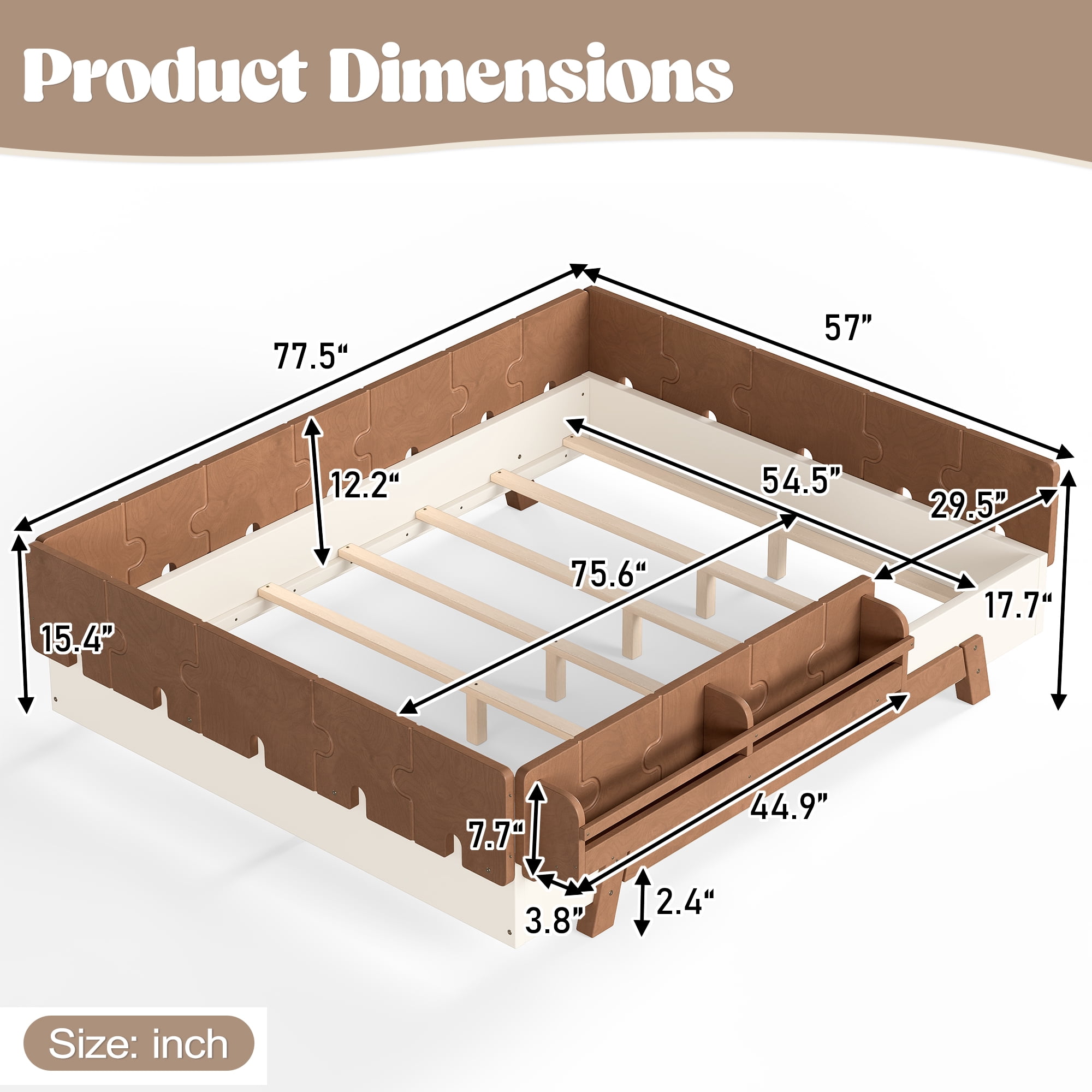 Mintazer Full Size Montessori Floor Bed Frame, Kids Puzzle Block Design Platform Bed with Guardrails & Bookshelf for Bedroom, Brown & Beige