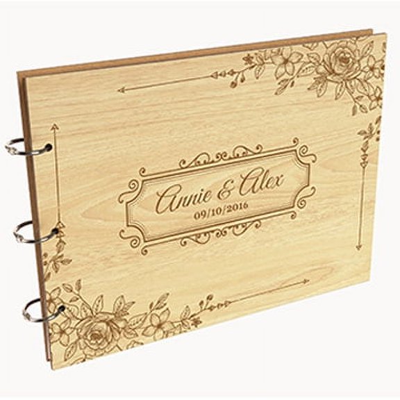 Darling Souvenir Personalized Engraved Laser Cut Wedding Guest Book Wooden Cover Sign-in Book Registry Guestbook Scrapbook-H2