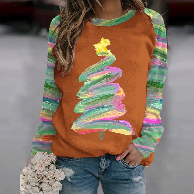 Chandail en Molleton pour Femmes Mode Chandail en Molleton de Noël Imprimé à Manches Longues Col Rond Sans Capuche Blouse