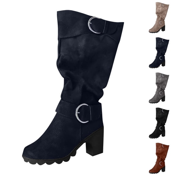 purcolt Women's Knee High Boots Mid Chunky Heel Pointed Toe Comfortable Buckled Tall Boots Daily Wear Long Boots