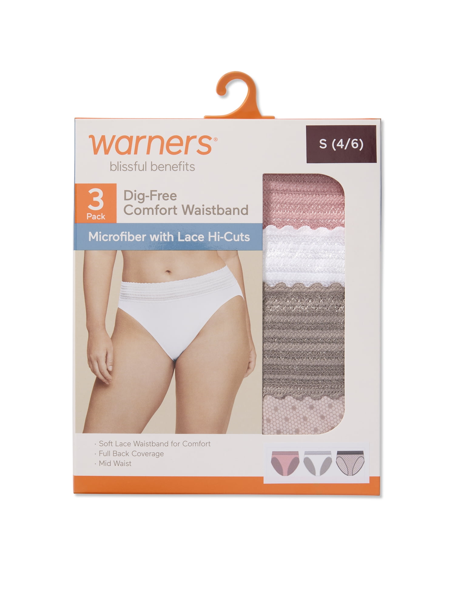 Warners® Blissful Benefits Women's Dig-Free Comfort Mid Waist Microfiber Hi-Cut with Lace 3-Pack S-3XL