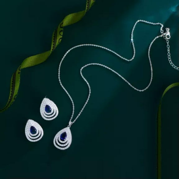 Silver Plated Drop Cubic Zirconia Blue Earrings Necklace Jewelry Set for Women