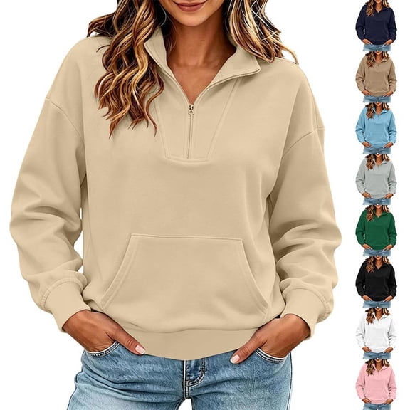 Vynhevius Women Mock Neck Sweatshirt Half Zip Long Sleeve Loose Casual Pullover Top With Pocket