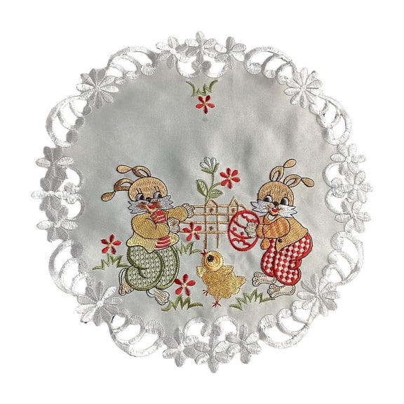 Easter Bunny Doily, Placemat, Decorative Round Embroidered Table Centerpiece, White with Spring Floral Design, 11in