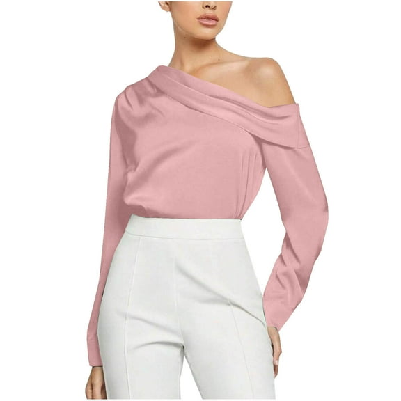 Fancifize Women's Satin Silk Tops Casual Off Shoulder Dressy Blouse Long Sleeve Elegant Shirt Fall Fashion Outfits