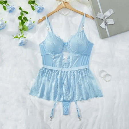 uublik Womens Lingerie Valentine s Day One Piece Nightwear Lace Nightgown Bodysuit Chemise Sleepwear Blue XXL