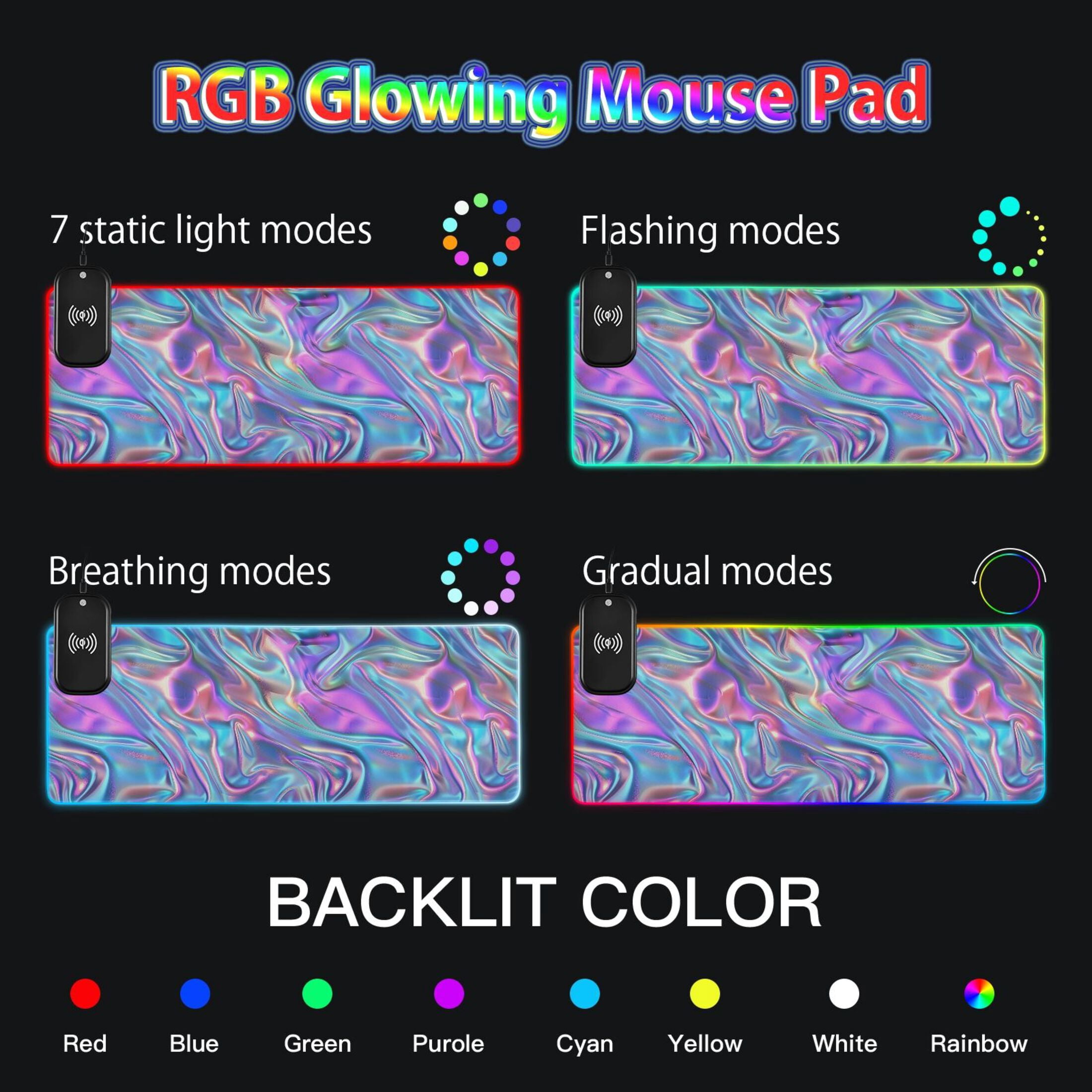 Wireless Charging Mouse Pad Large RGB Gaming Desk Mat 13 Light Modes Mousepad 31.5x11.8 Iridescent Liquid Marble