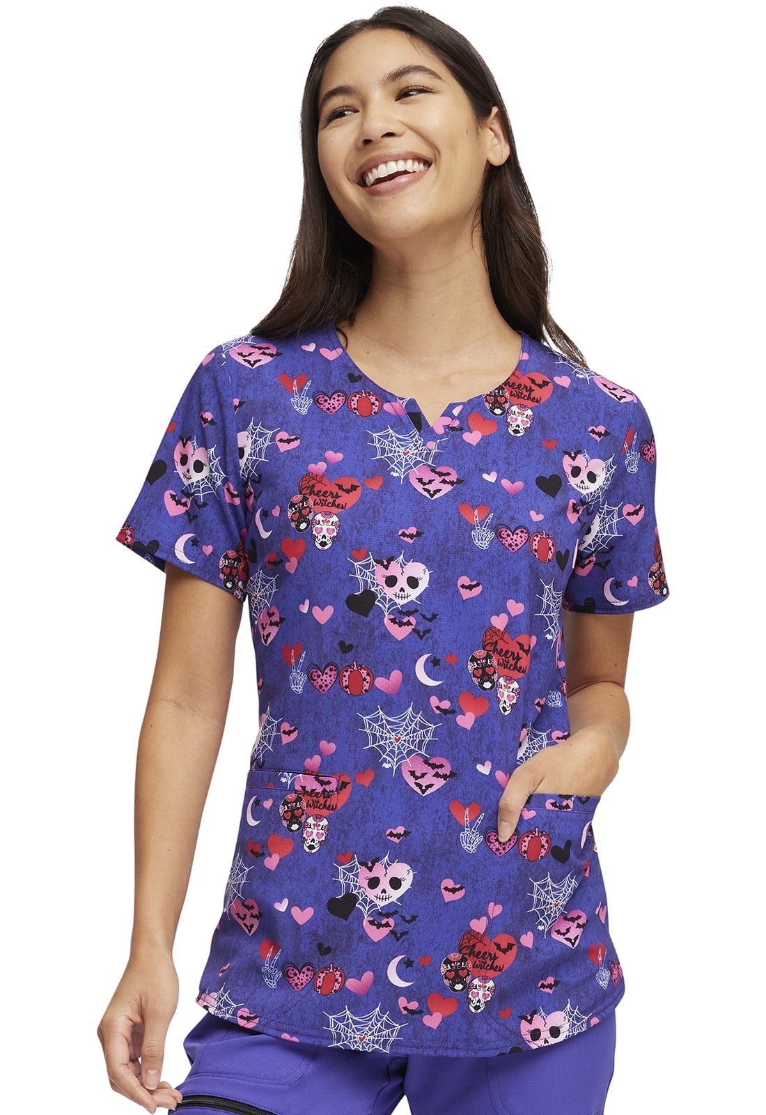 Heartsoul Prints Scrubs Top For Women VNeck Print HS821, XXS, Cheers