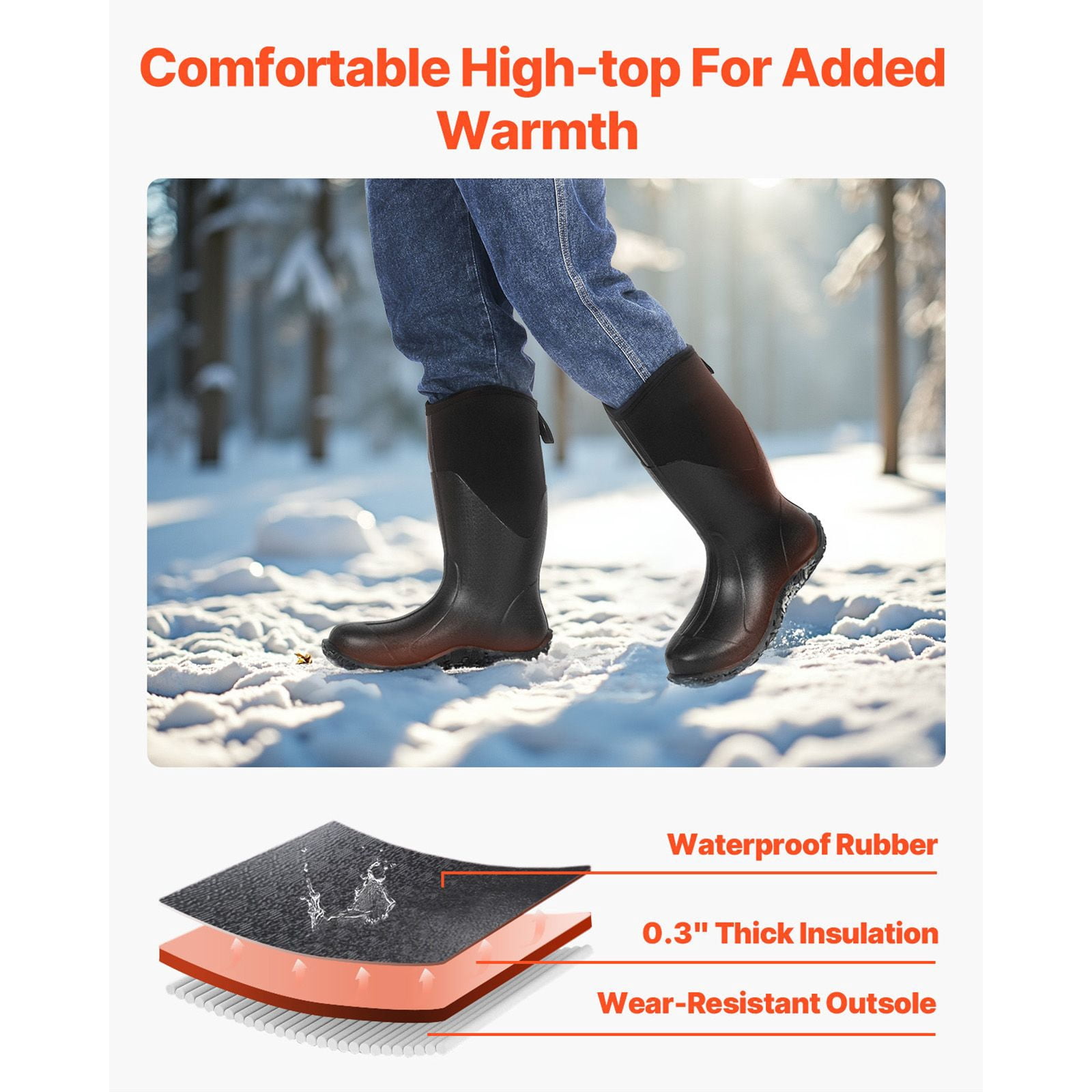 Men's Rubber Boots with 0.3" Thick Insulation, EVA Insole, Slip-Resistant Outsole, 125,000 Flex Test, Sizes 9-13 for Outdoor Rain Snow Work