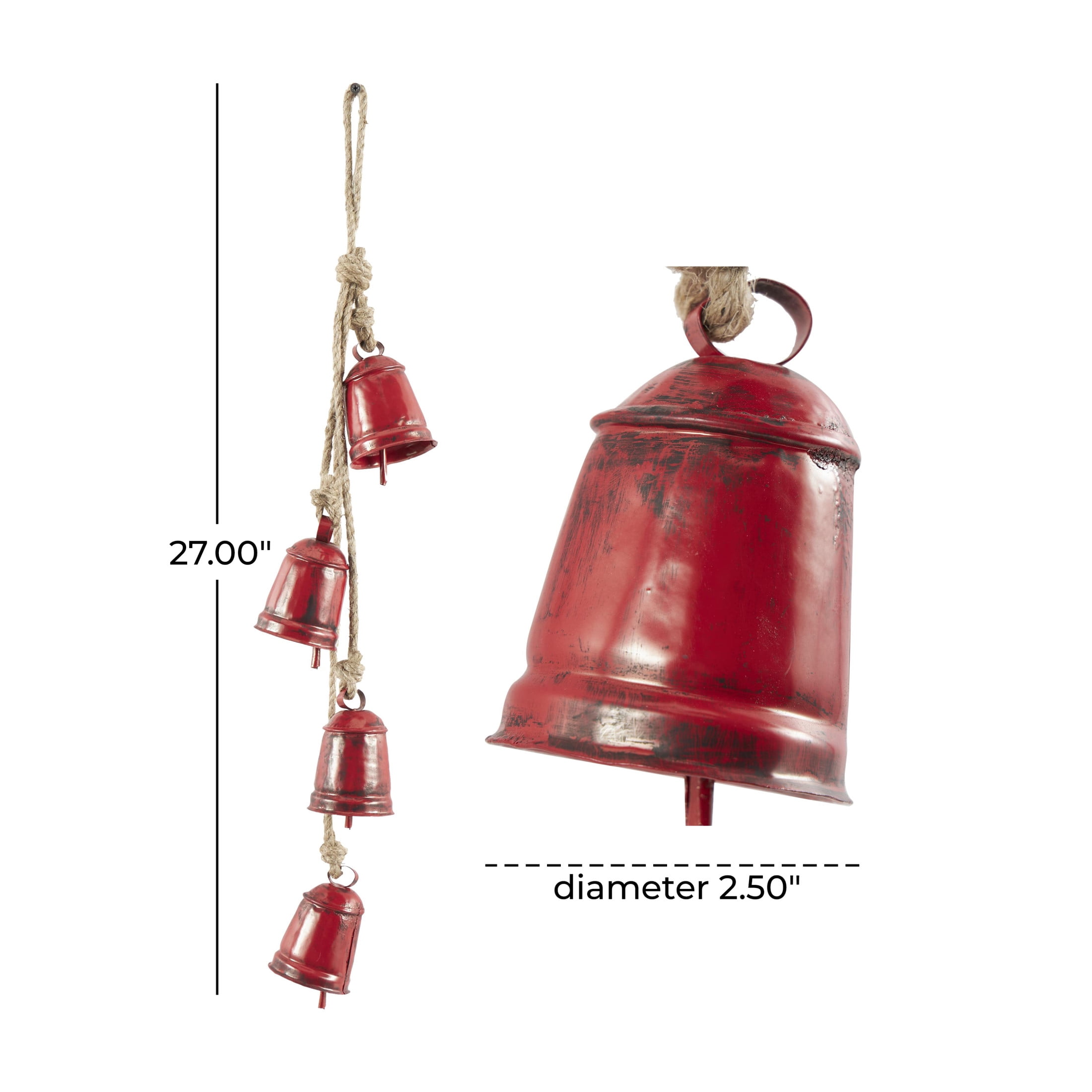 DecMode Tibetan Inspired Cascading Red Metal Cylindrical Decorative Cow Bells with 4 Bells on Jute Hanging Rope