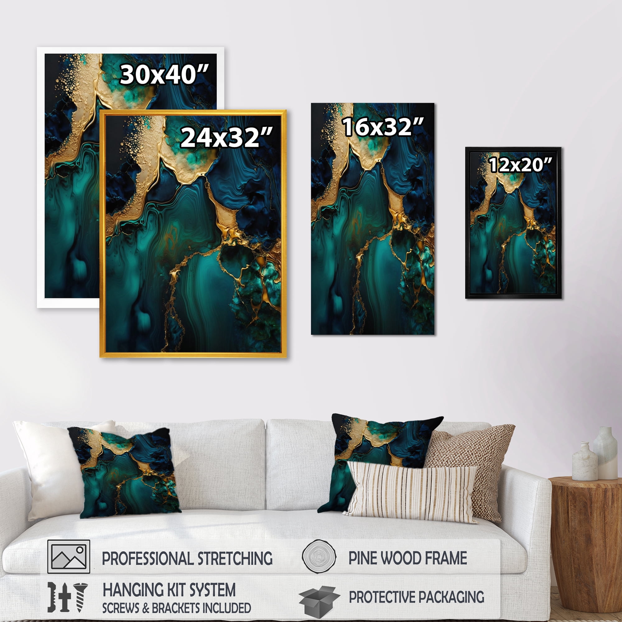 Designart Abstract Geode Marble Green And Gold Canvas Wall Art