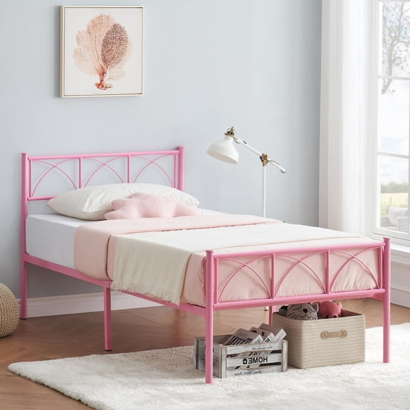 Twin Metal Bed Frame with Headboard and Footboard – Heavy Duty Platform, Underbed Storage, No Box Spring Needed – Easy Assembly for Girls, Boys, Teens – Pink