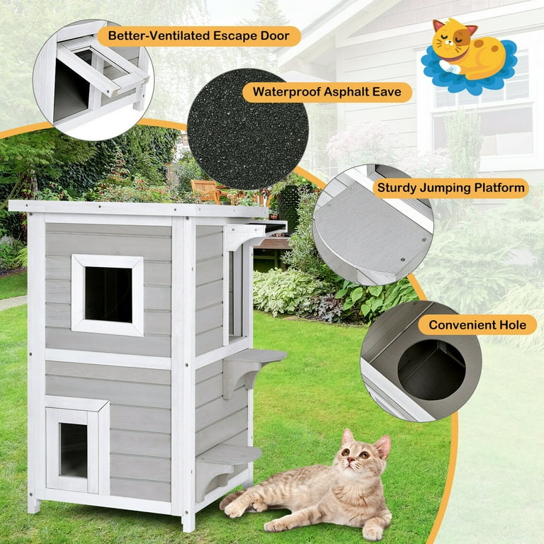 Gymax 2 Tier Wooden Cat House Outdoor Kitty Shelter w Escape Door Rainproof