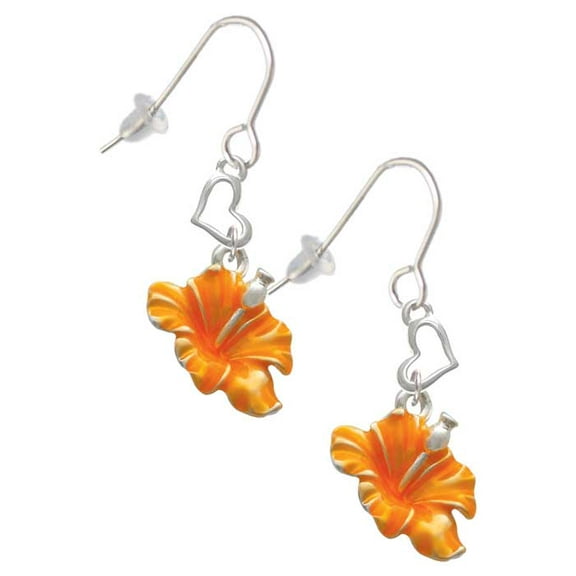 Silvertone Hot Orange Hibiscus Flower Heart French Earrings