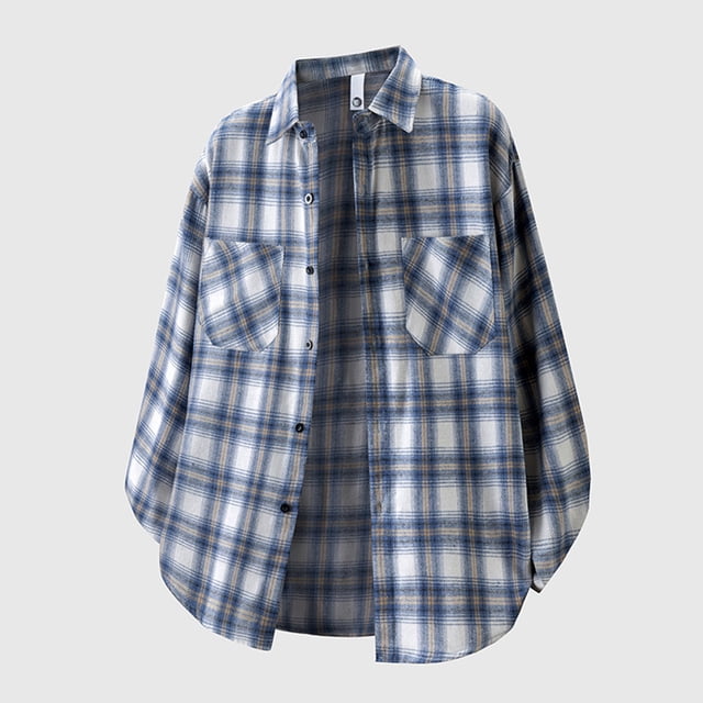 Blusa y camisa de manga larga con cuello vuelto para hombre, blusa informal a cuadros a la moda con botones y cuello vuelto, blusa de poliéster para hombre