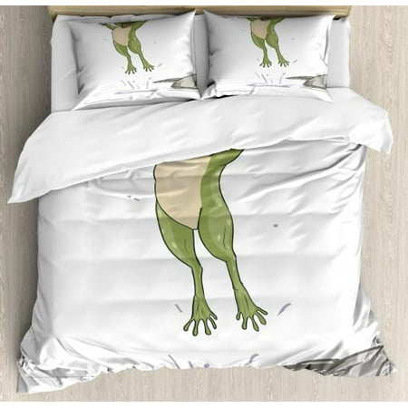 Jumping Frog Water - Frog Queen Size Duvet Cover Set, Frog Jumping in Excitement in the Water Happy Toad Freedom Relax Lifestyle Humor, Decorative 3 Piece Bedding Set with 2 Pillow Shams, Olive Green Grey, by Ambesonne