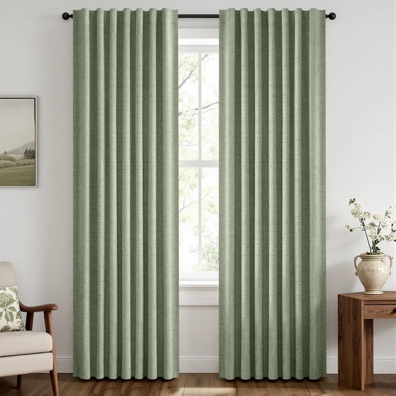 100% Blackout Linen Curtains 42 x 84 Inch Sage Green 2 Panels | Thermal Insulated, Room Darkening Drapes for Bedroom Living Room, Back Tab Rod Pocket Pinch Pleated, Solid Luxury Decor