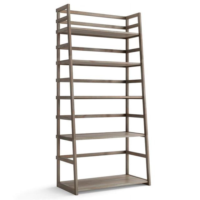 Simpli Home Acadian Wood 63" x 30" Transitional Ladder Shelf Bookcase in Gray