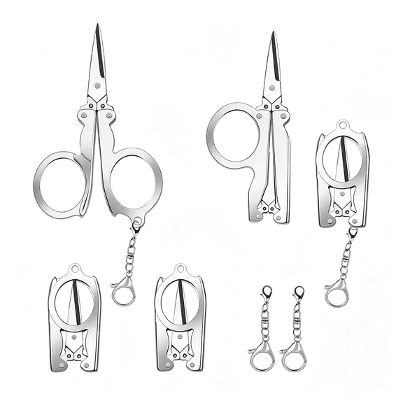EXLEAF 4Pc Small Folding Scissors, with Key Chain, Portable - Mini Scissors for Travel, Outdoors (Silver) Safe Travel Scissors