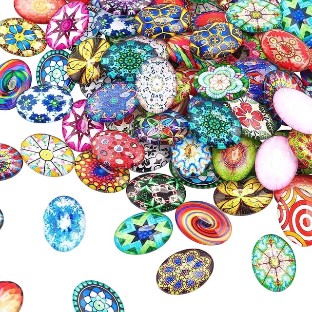 100 cabujones ovalados de vidrio de 25x18 mm, mosaicos impresos de flores en colores surtidos. Ideales para la creación de collares, colgantes y joyería.