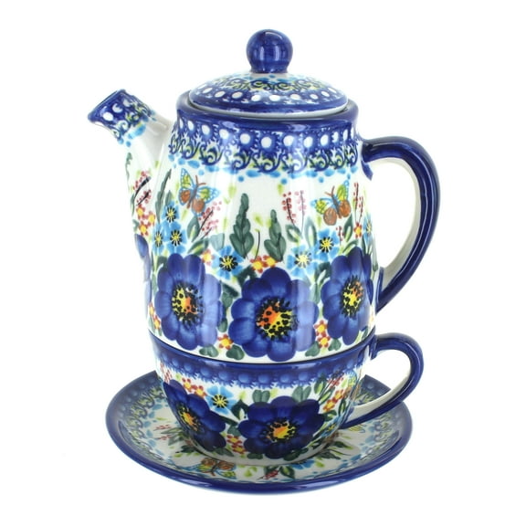 Blue Rose Polish Pottery Garden of Blue Tea For One