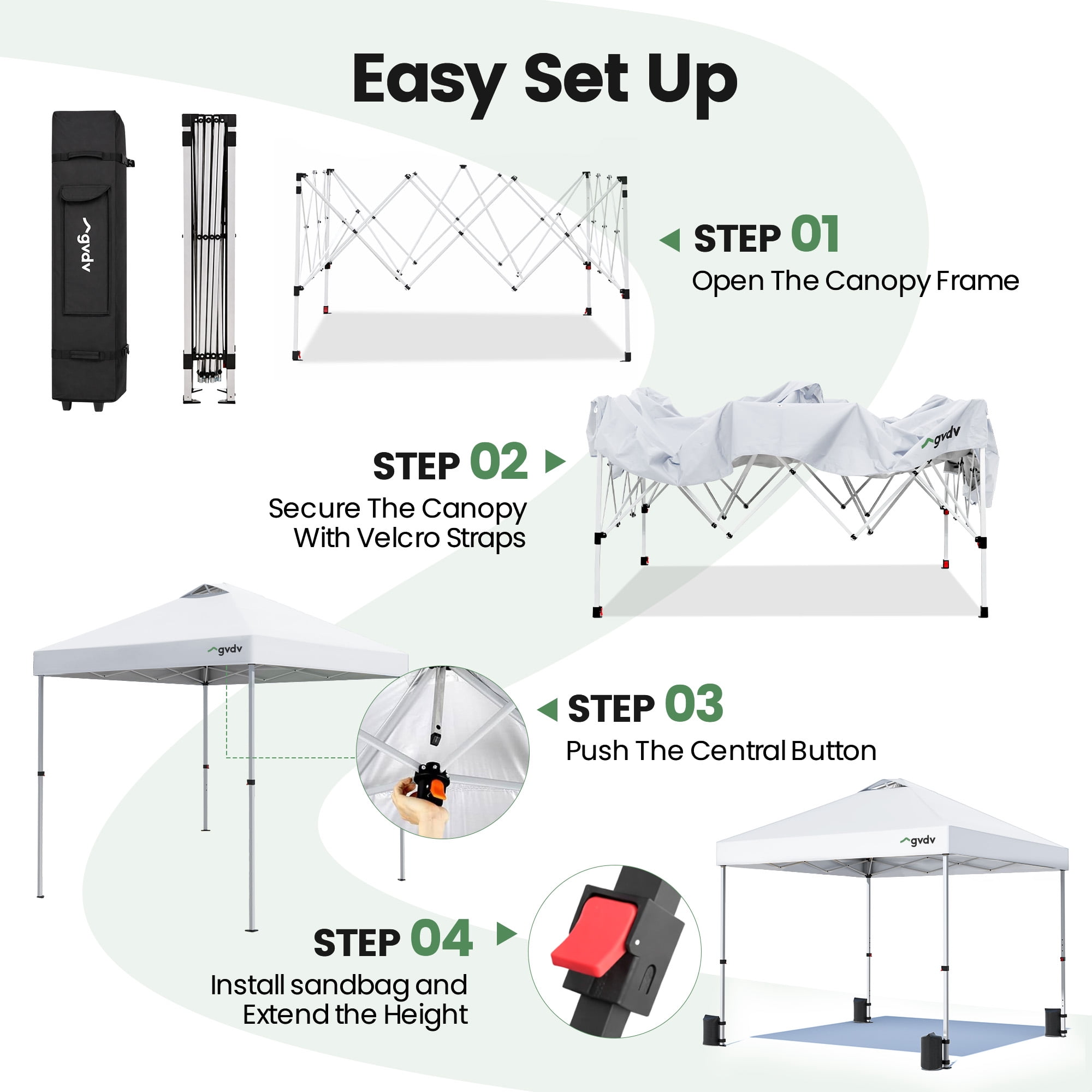 GVDV 10x10 Pop up Commercial Canopy Tent, Waterproof & Portable Outdoor Shade with Air Vent, Wheeled Bag, White