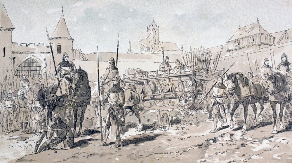 Cavalry And Foot Soldiers With Horse Drawn Wagon Carrying Arms And Supplies During The 13Th Century After A Watercolour By A Heins From Cortege Historique Des Moyens De Transport Published Brussels 18