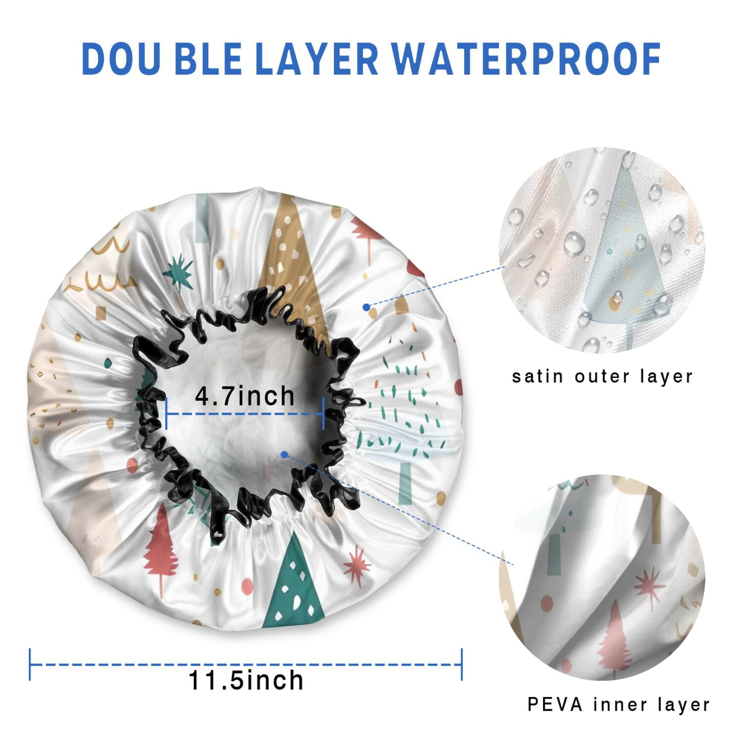 Shower Caps,White Christmas Tree Pattern Waterproof Shower Cap for Women 4 Pieces,Double Reusable Hair Cover for Shower PEVA Elastic Stretch Hem