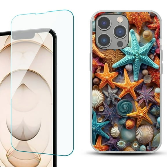 OneToughShield ® for iPhone 15 Pro Max Shockproof Fashion Phone Case, with Tempered Glass Screen Protector - Starfish Mix