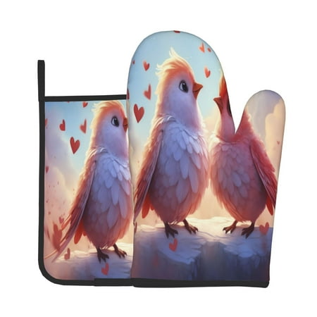 

Jgfou Heart Sky Bird Couple Pattern Oven Mitts and Pot Holders Sets Heat Resistant Oven Mittens Soft Lining Extra Thicken Long Kitchen Cotton Oven Glove for Cooking