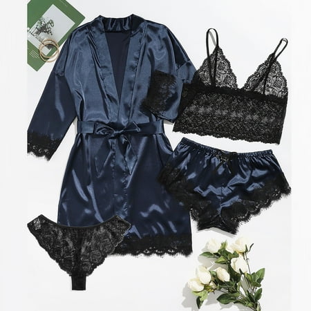 USSUMA 2024 Womens Underwear Lingerie for Women Women Lace Satin Wireless Bra Camisole Shorts Pajamas Robe Four Piece Set Deals of the Week Navy XL