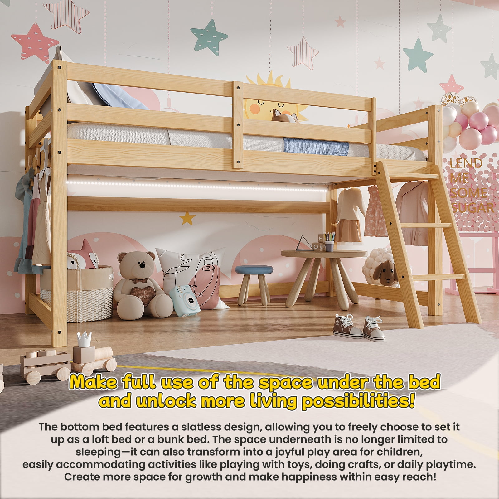 Kids Loft Bed, Twin Low Loft Bed - Solid Wood Convertible Bed with LED Strip Lighting and 6 Wooden Hooks, Transforms to Bunk Bed, Safe for Kids Room, Easy Assembly, Oak Finish
