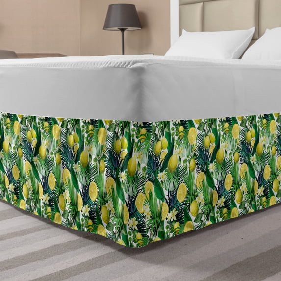Nature Bed Skirt, Tropical Plants with Large Evergreen Leaf Lemon Botany Palm Jungle Graphic, Elastic Bedskirt Dust Ruffle Wrap Around for Bedding Decor, 4 Sizes, Yellow Forest Green, by Ambesonne