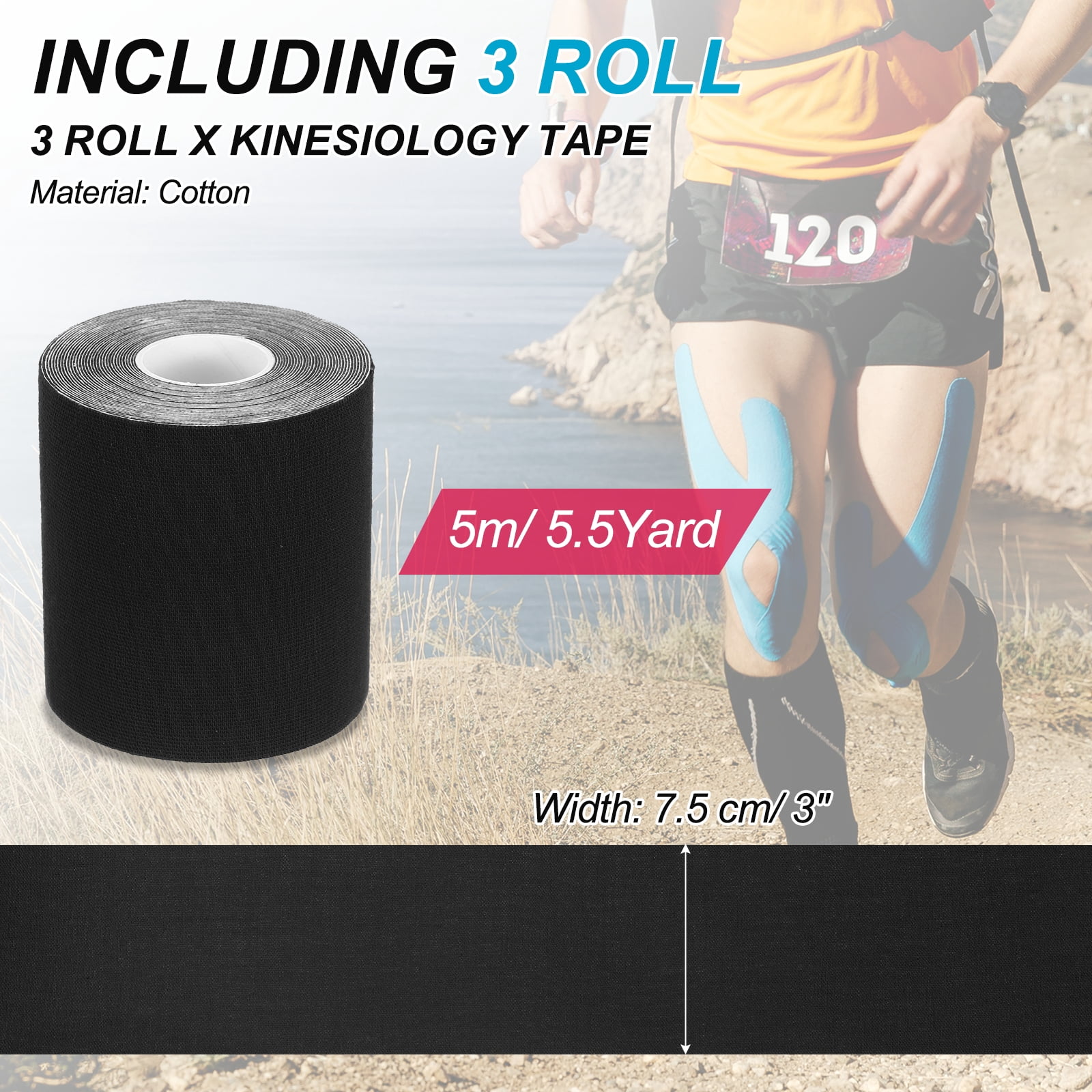Uxcell 5.5 Yard x 3 Inch Kinesiology Tape, Adhesive Cotton Sports Muscle Support Tapes Waterproof Elastic Tape Black 3 Roll