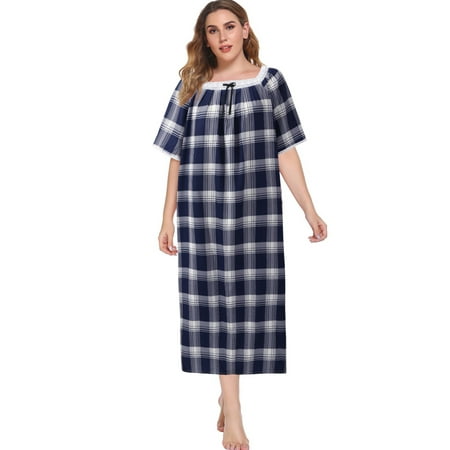 

Women s Plus Size Nightgown Floral Print Long Sleepshirt Short Sleeve Square Neck Nightdress Comfy Lace Neckline Oversized Pajama Dress Navy Plaid XL-5XL